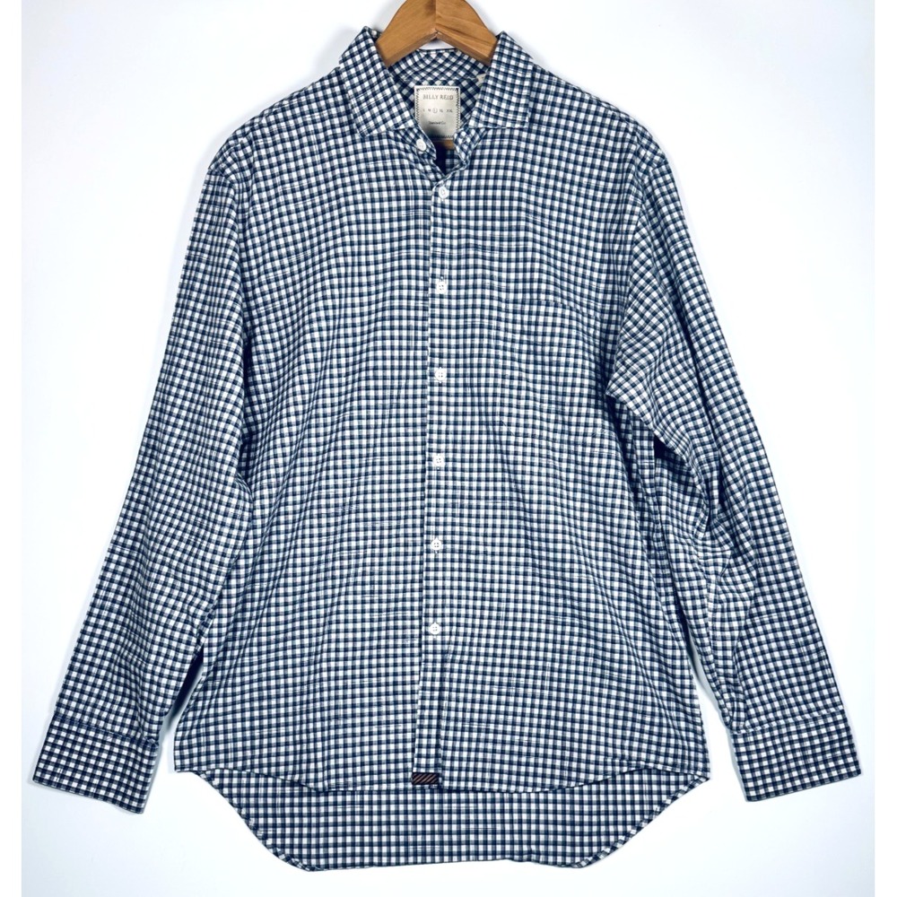 Billy Reid Shirt Mens Large Blue White Plaid Standard Cut Split Yoke Heritage
